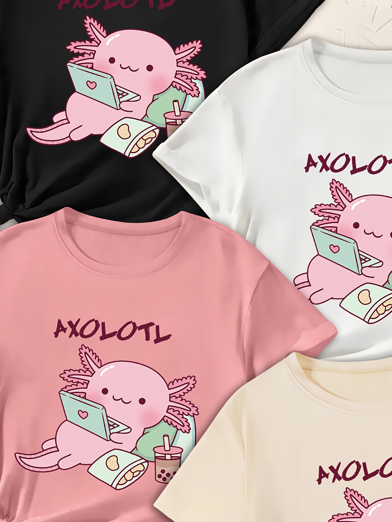 4pcs girls lazy cartoon axolotl graphic print trendy t shirts slightly stretch comfy crew neck short sleeve tee summer tops details 3