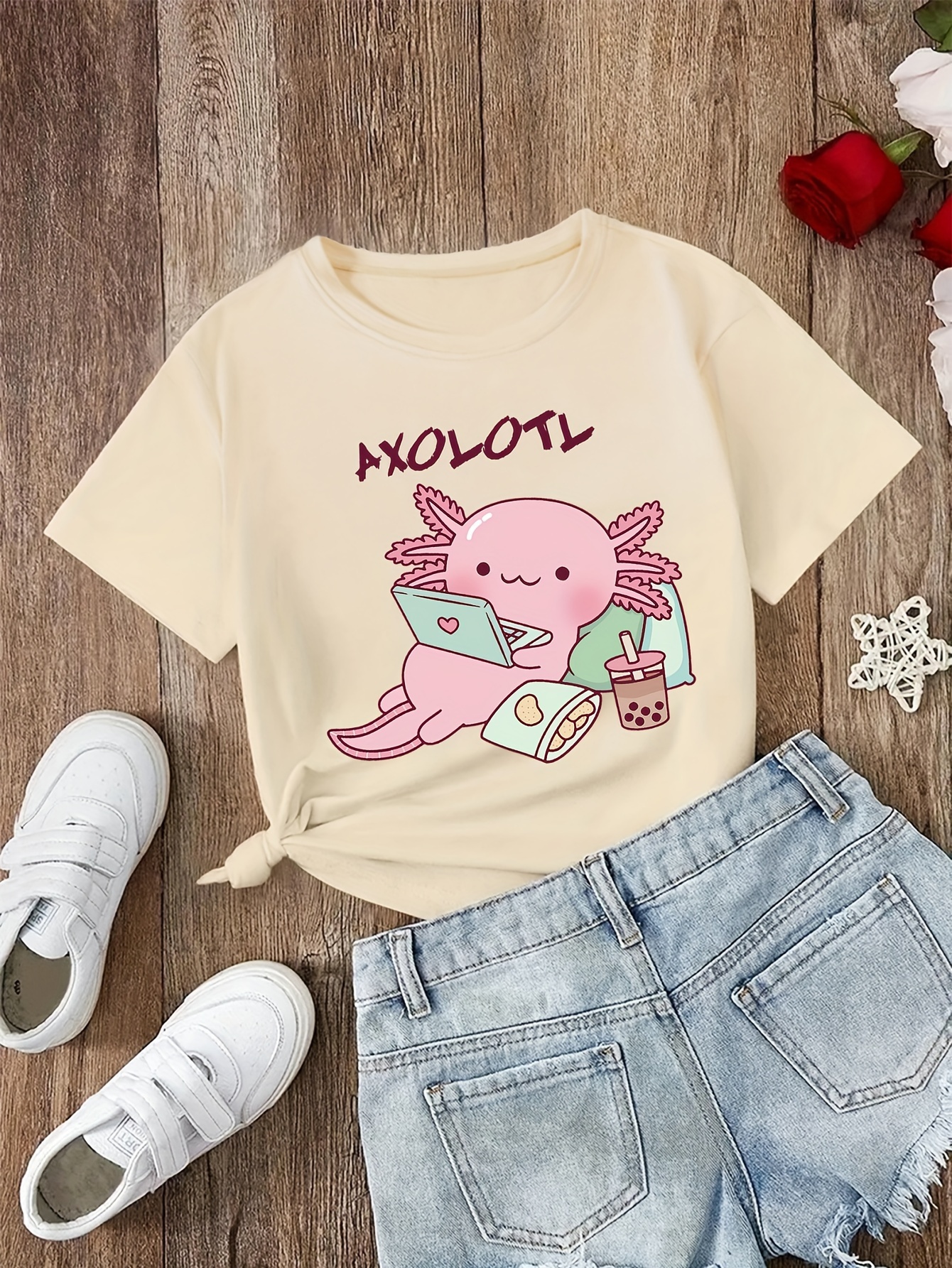 4pcs girls lazy cartoon axolotl graphic print trendy t shirts slightly stretch comfy crew neck short sleeve tee summer tops details 4