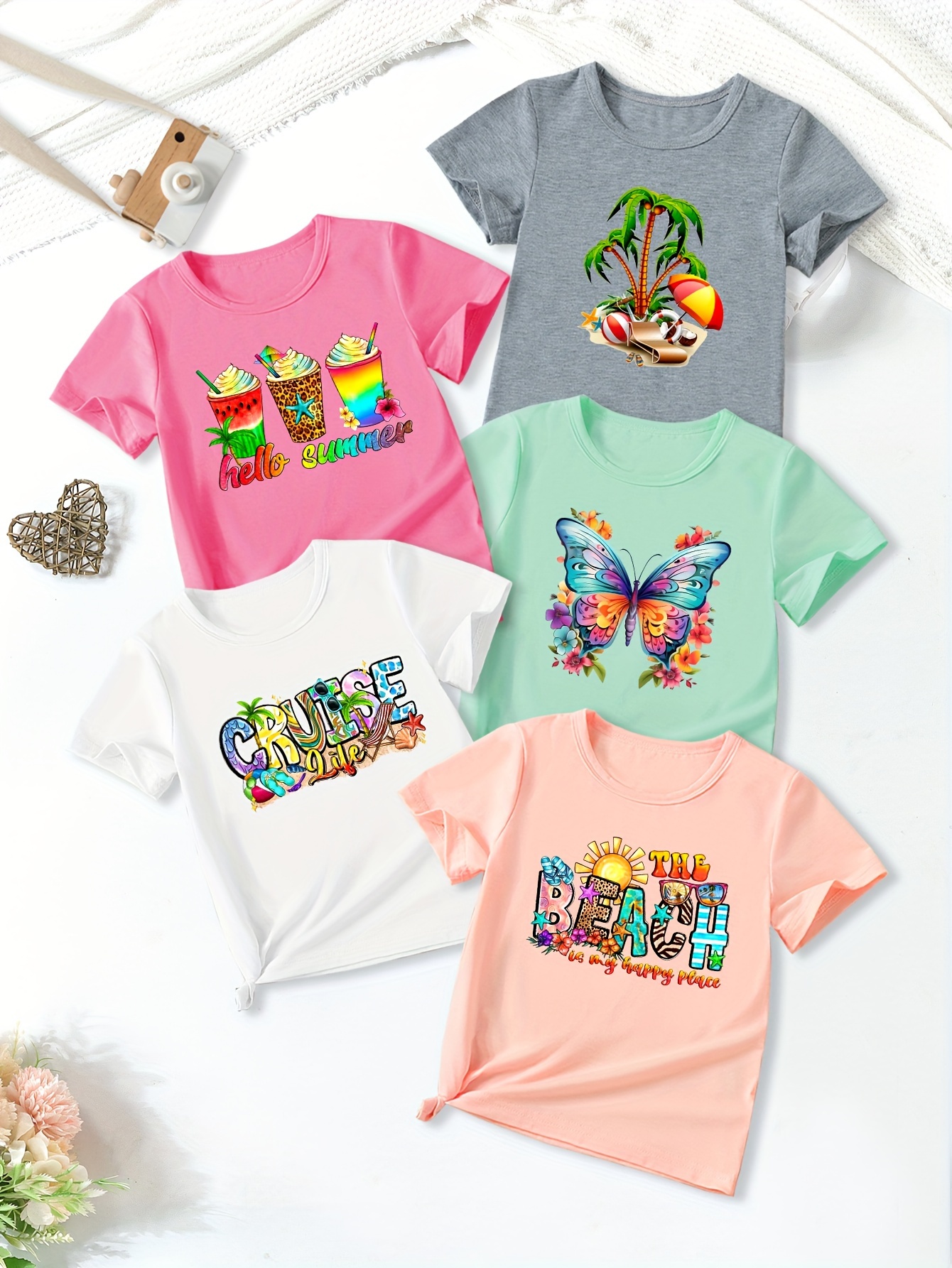 girls casual 5pcs crew neck short sleeve t shirt set for summer outdoor gift details 0