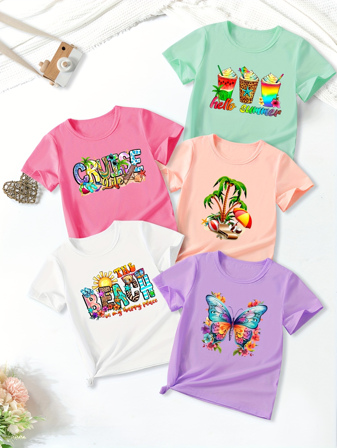 girls casual 5pcs crew neck short sleeve t shirt set for summer outdoor gift details 5