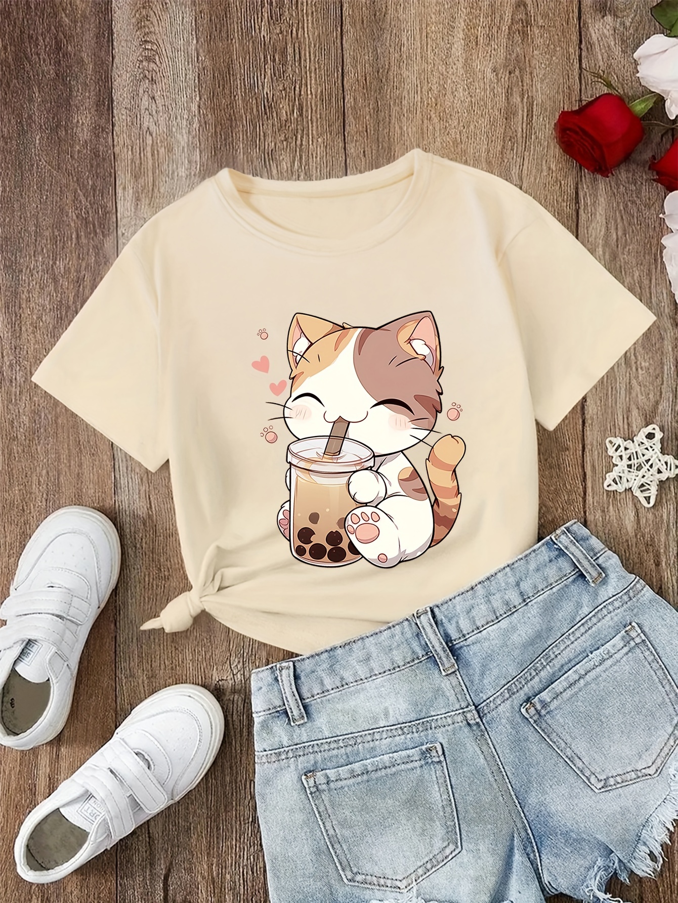 girls cute cat and bubble tea print t shirt soft stretchy comfort round neck short sleeve top casual summer tee details 0