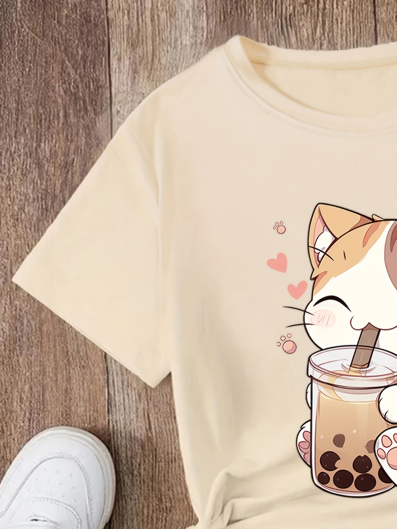 girls cute cat and bubble tea print t shirt soft stretchy comfort round neck short sleeve top casual summer tee details 2