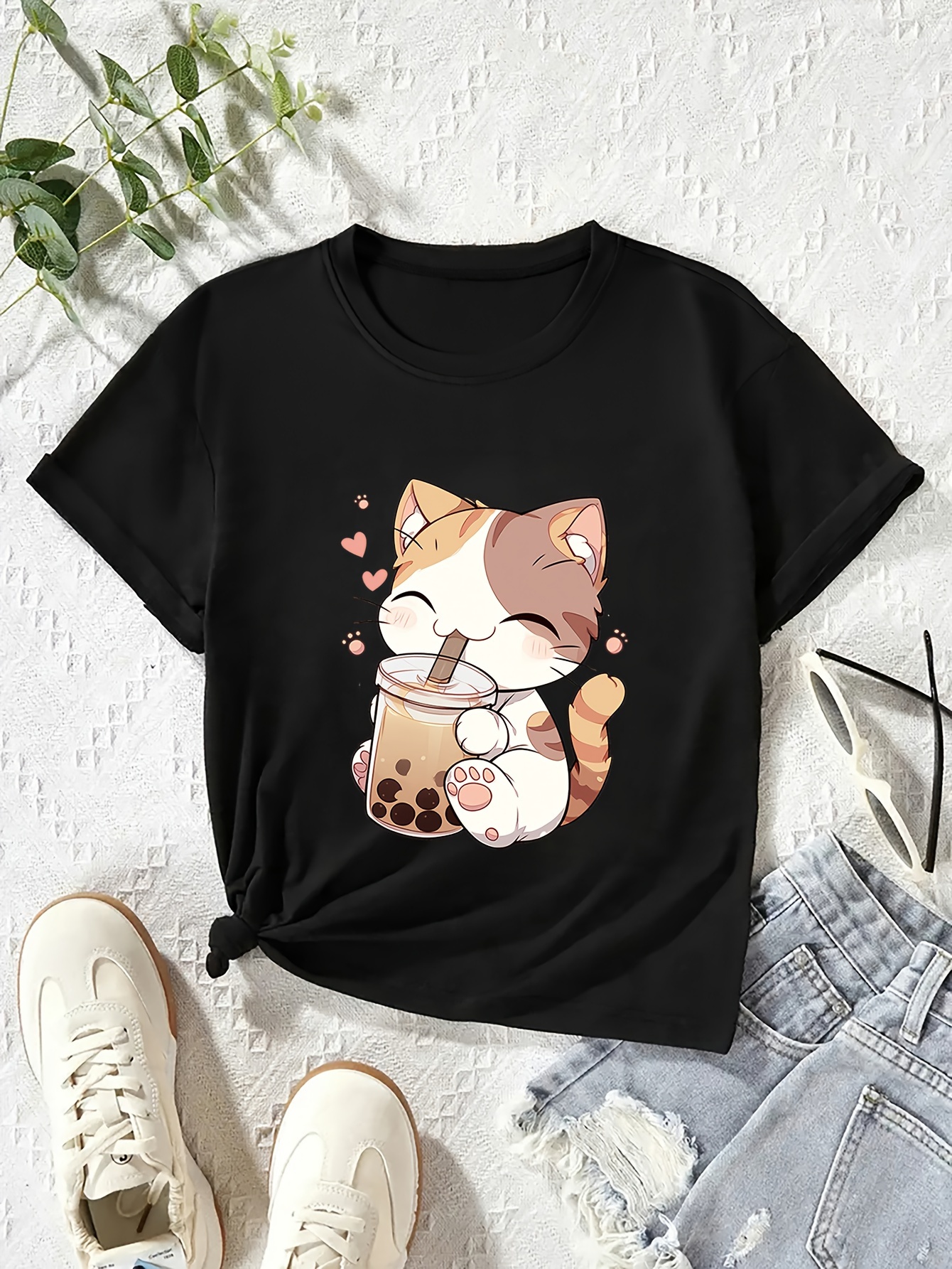 girls cute cat and bubble tea print t shirt soft stretchy comfort round neck short sleeve top casual summer tee details 5