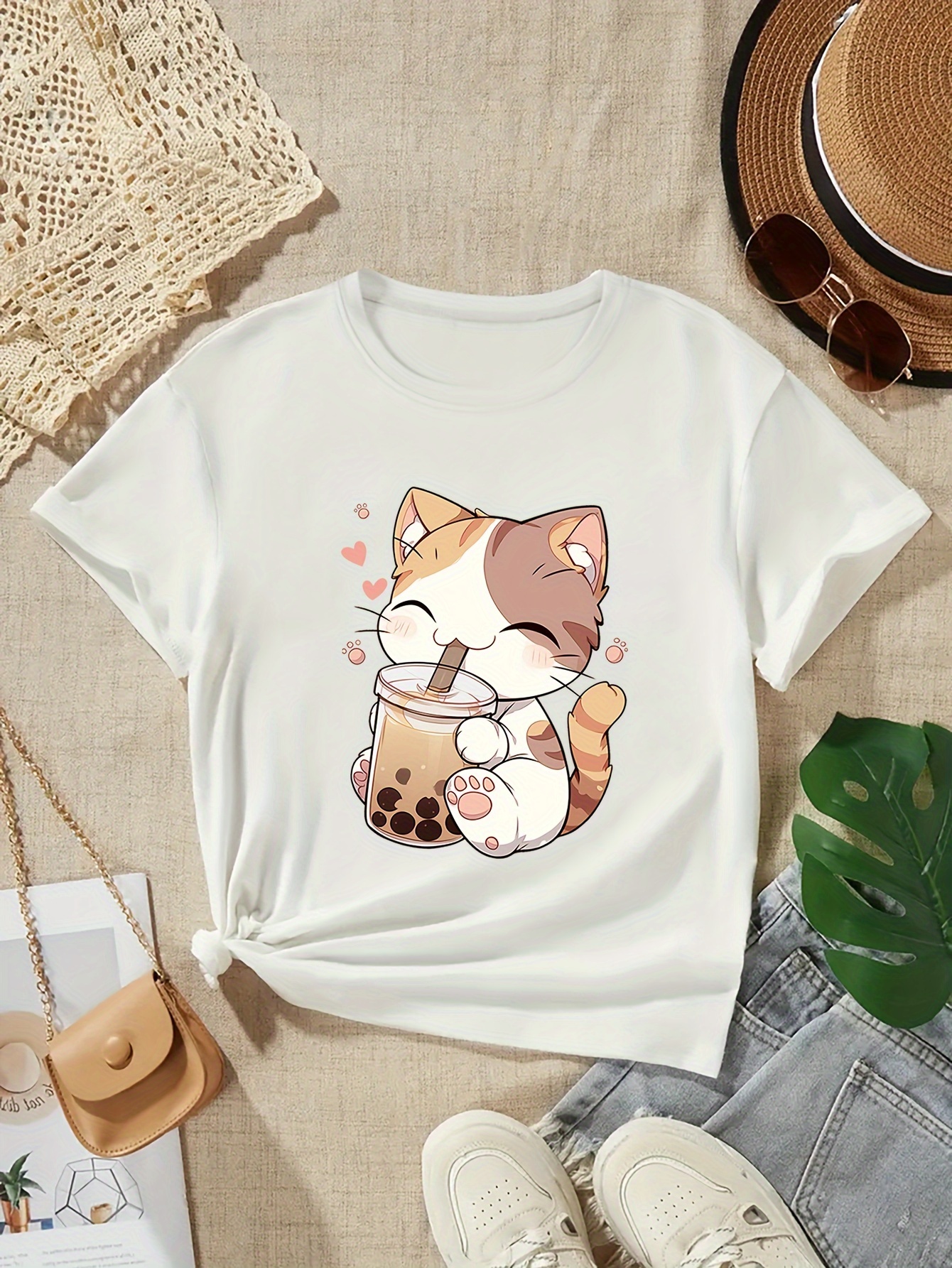 girls cute cat and bubble tea print t shirt soft stretchy comfort round neck short sleeve top casual summer tee details 11