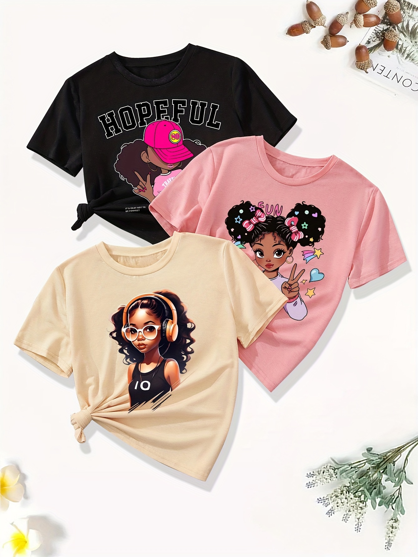 3pcs cartoon portrait heart pattern crew neck t shirts casual short sleeve trendy summer tees comfy tops girls clothing details 0