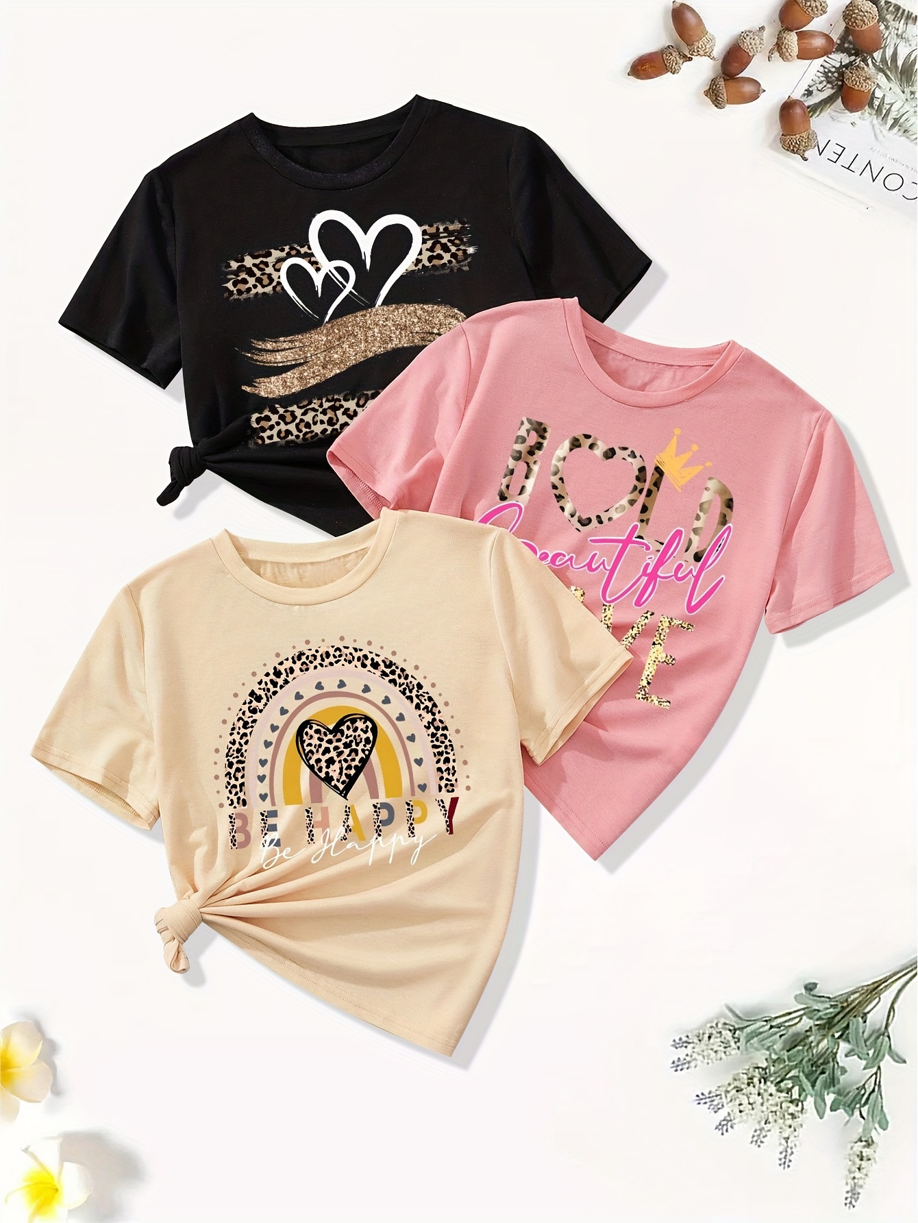 3pcs cartoon portrait heart pattern crew neck t shirts casual short sleeve trendy summer tees comfy tops girls clothing details 5