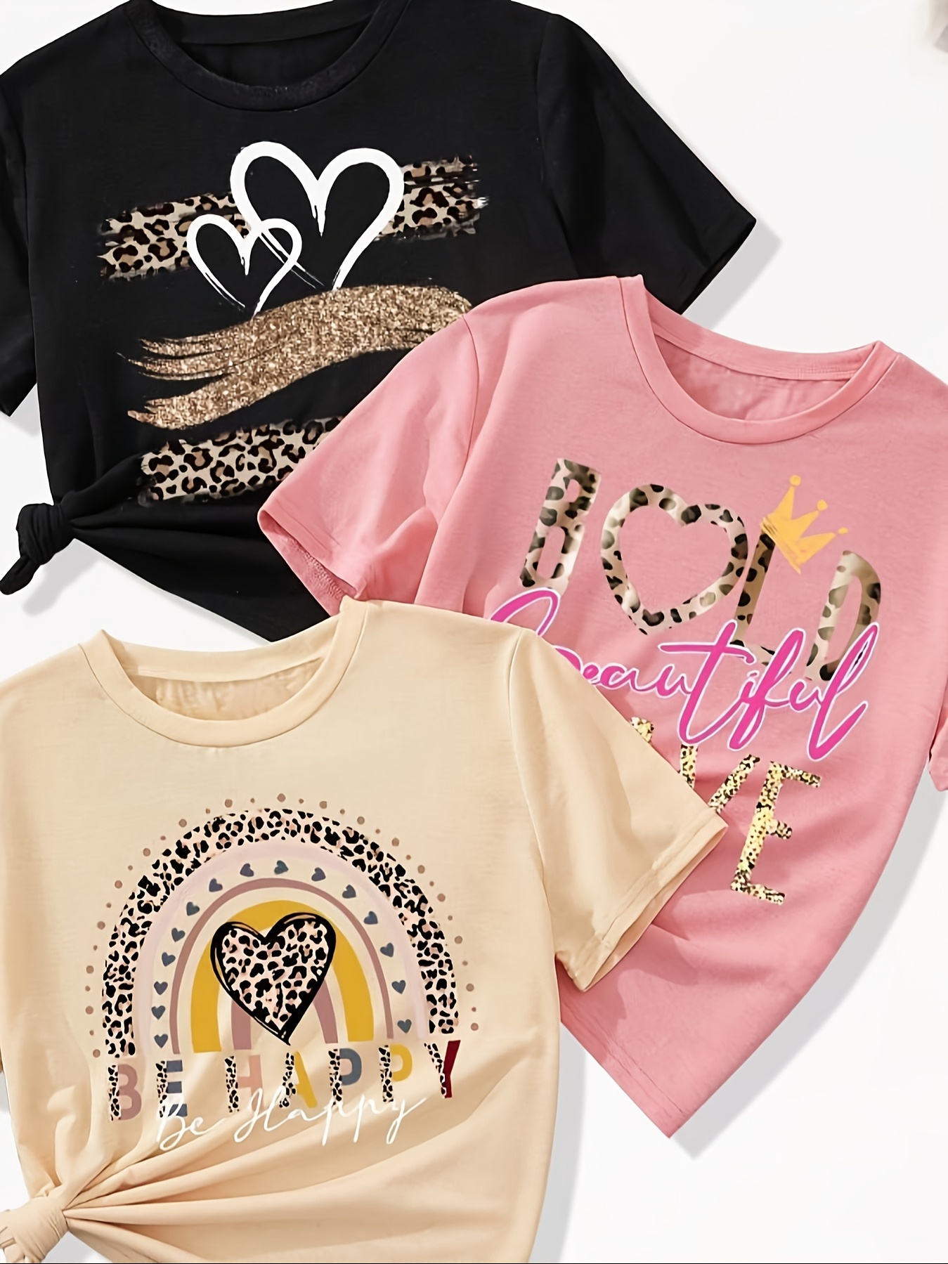 3pcs cartoon portrait heart pattern crew neck t shirts casual short sleeve trendy summer tees comfy tops girls clothing details 7