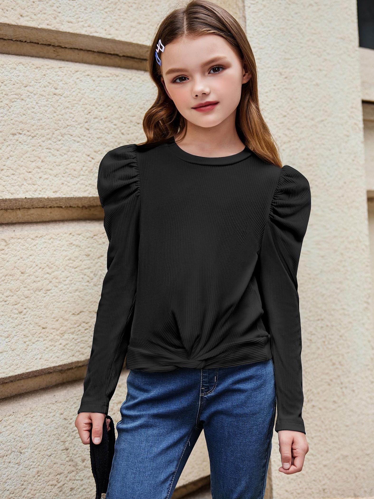 girls puff long sleeve shirts twist front ribbed knit t shirt crop tops tee blouse details 28