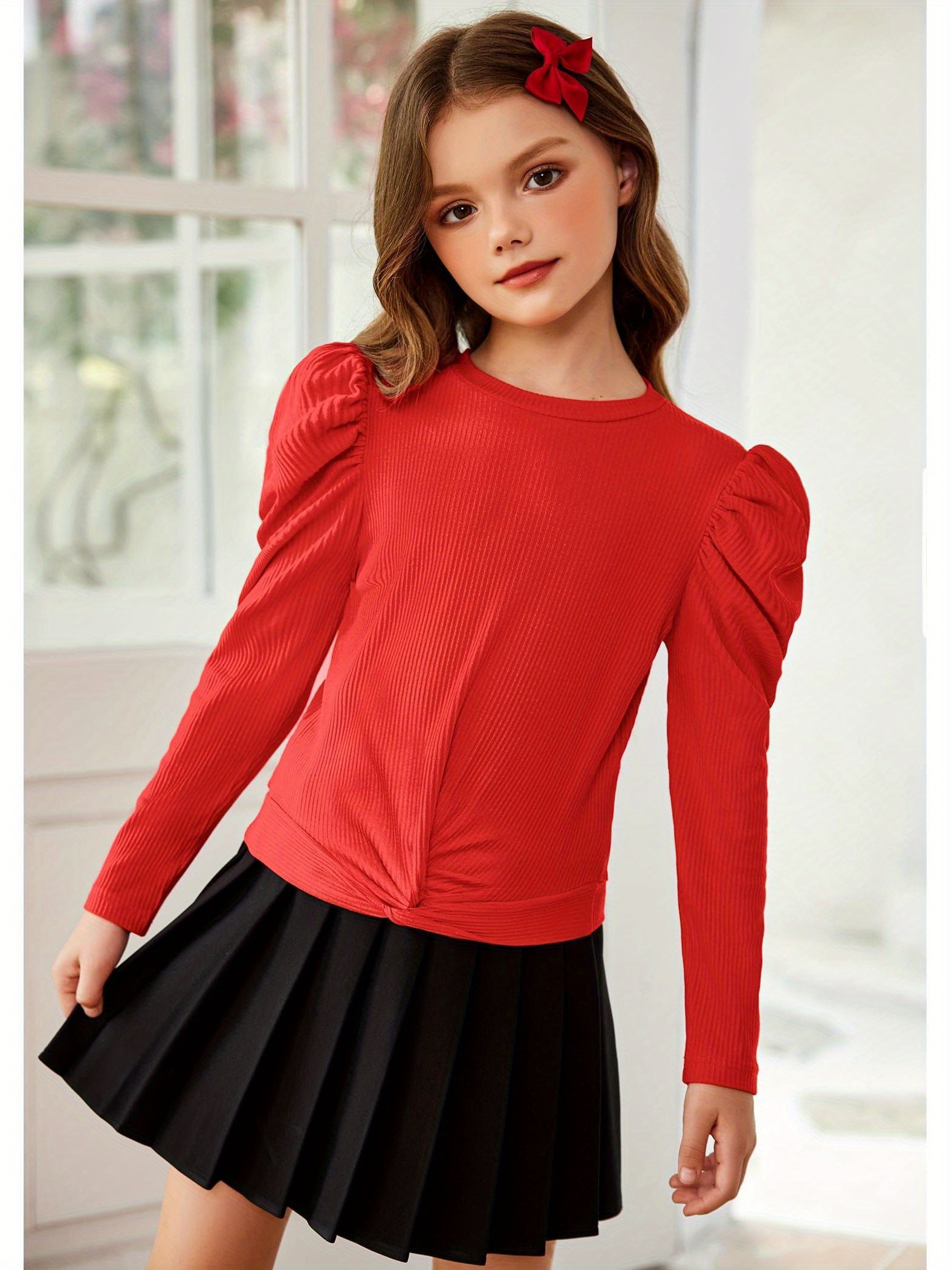 girls puff long sleeve shirts twist front ribbed knit t shirt crop tops tee blouse details 32