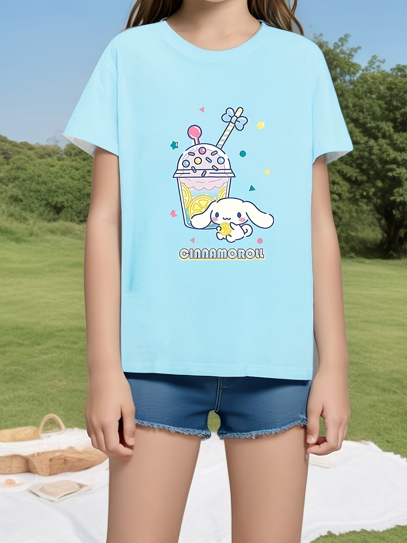   cartoon graphic print crew neck short sleeve cotton t shirt casual comfy tee for girls details 0