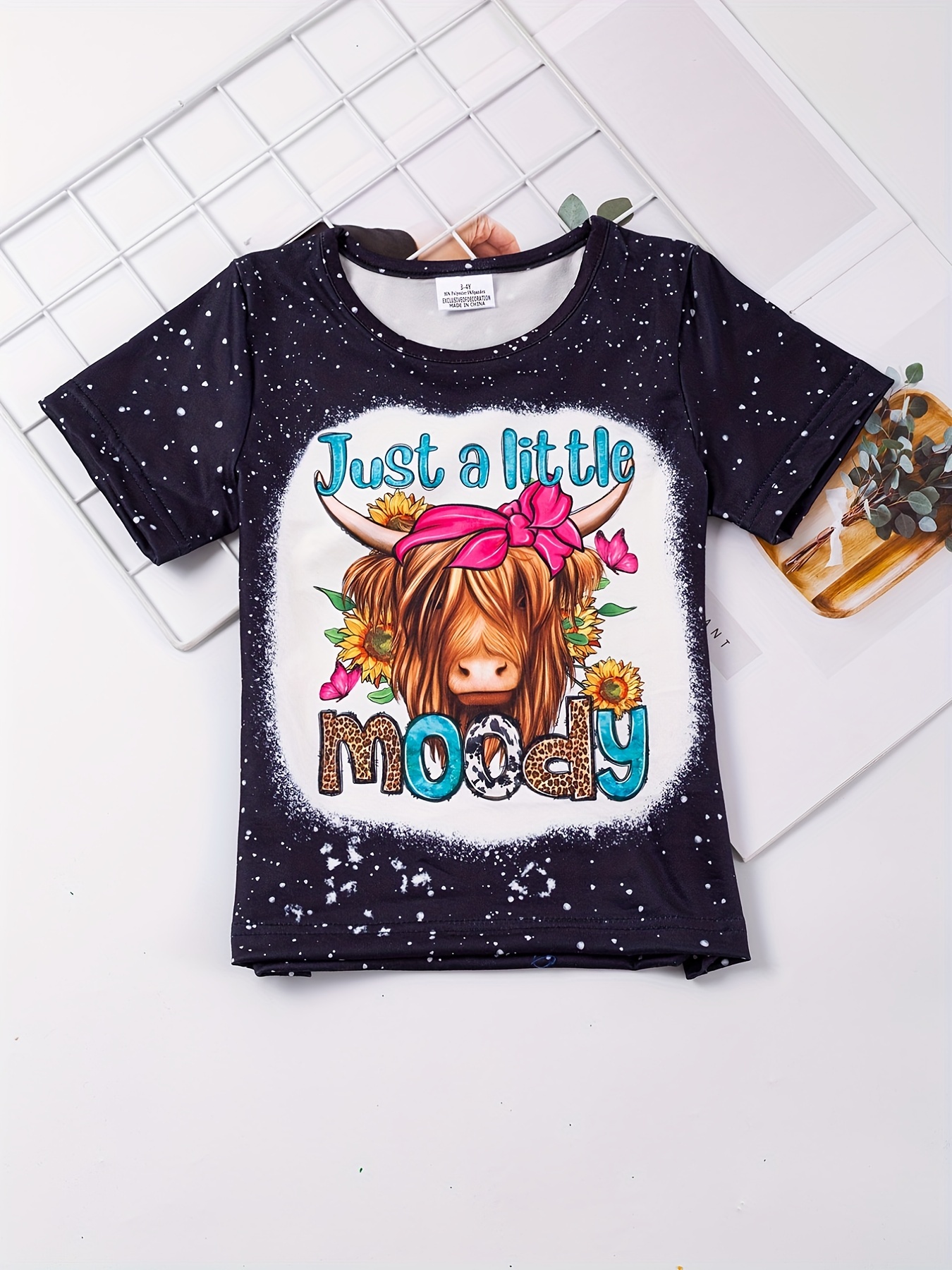 toddler girls sunflower cow head and letter graphic t shirt casual round neck tees top kids summer clothes details 35