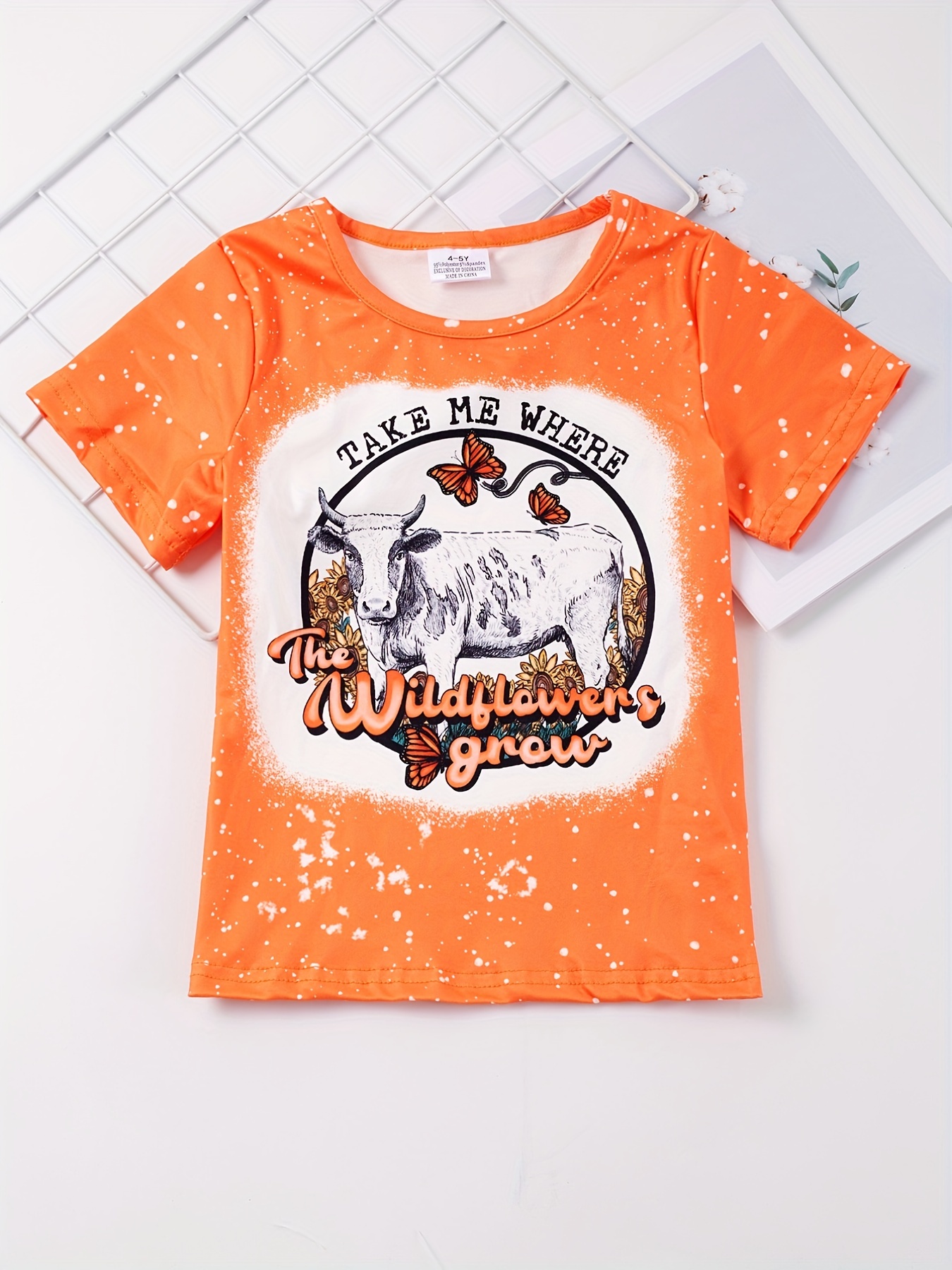 toddler girls sunflower cow head and letter graphic t shirt casual round neck tees top kids summer clothes details 45