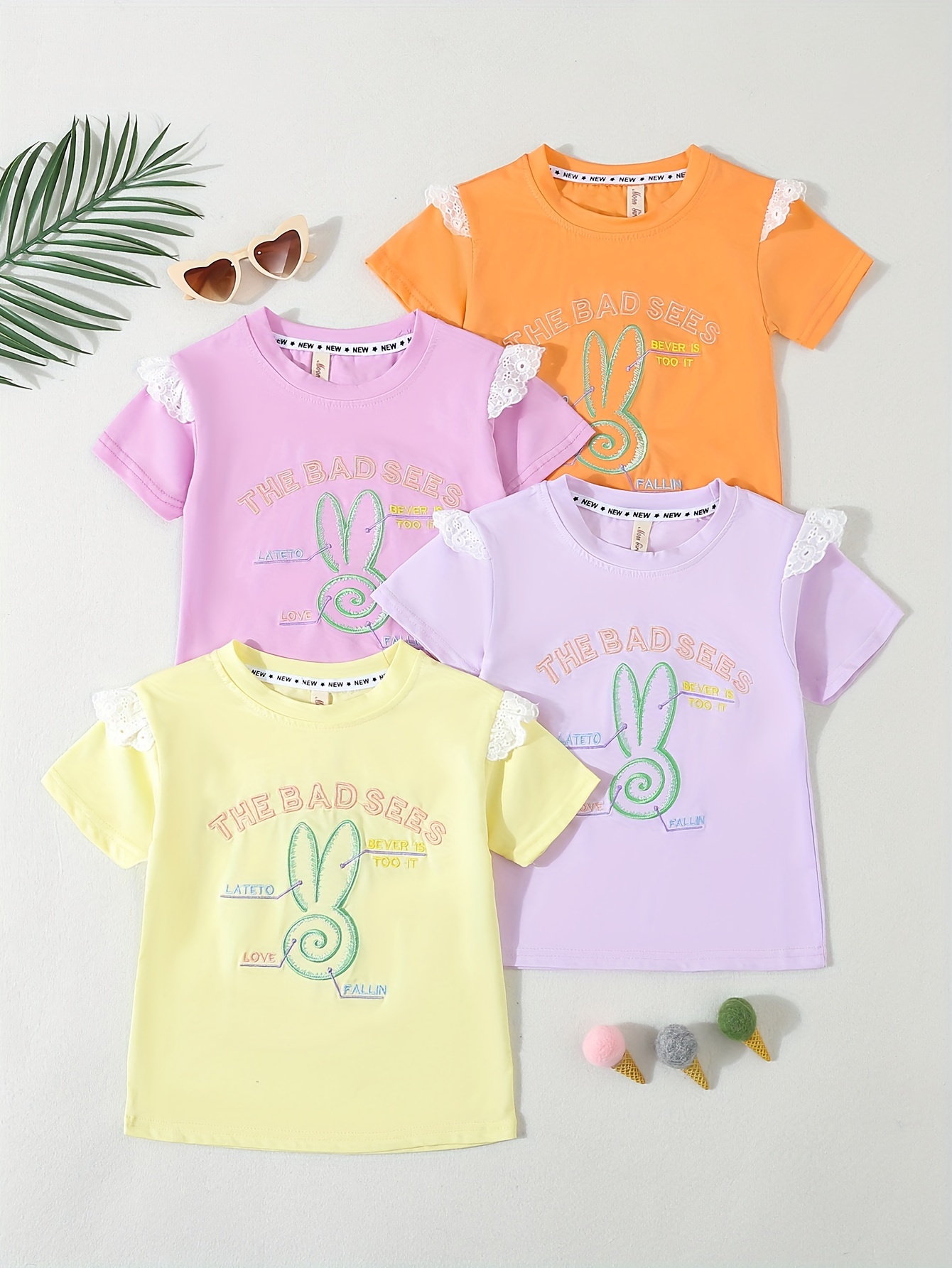 4pcs 95 cotton girls cartoon animal pattern t shirts set embroidery casual breathable short sleeve crew neck tee for summer details 0