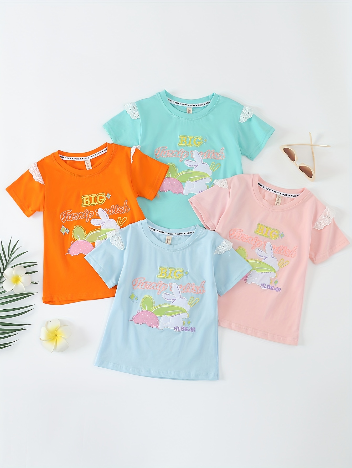 4pcs 95 cotton girls cartoon animal pattern t shirts set embroidery casual breathable short sleeve crew neck tee for summer details 22