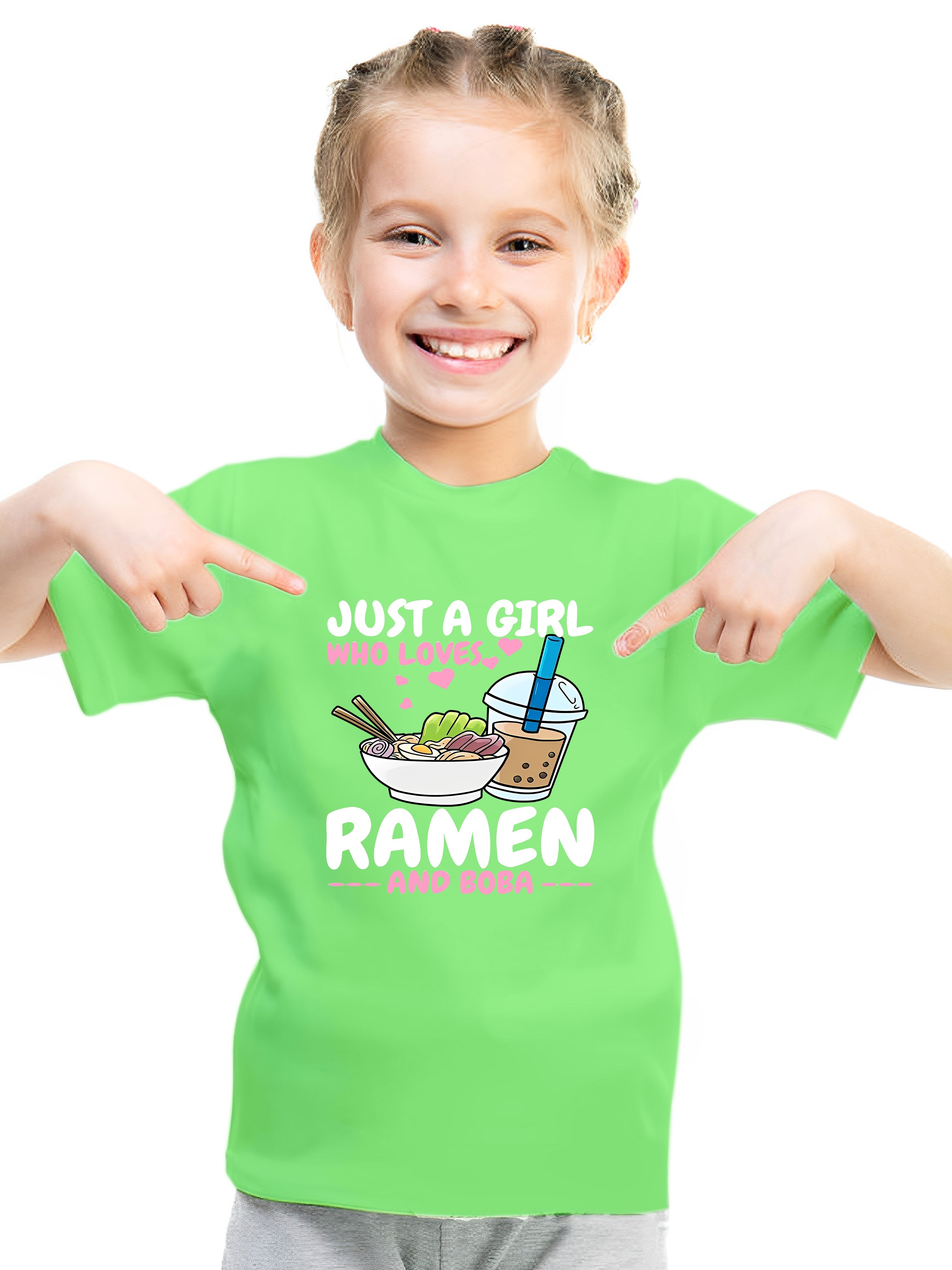 just a girl who loves ramen boba graphic print girls casual comfy crew neck short sleeve tee for spring summer girls clothes for outdoor activities details 0