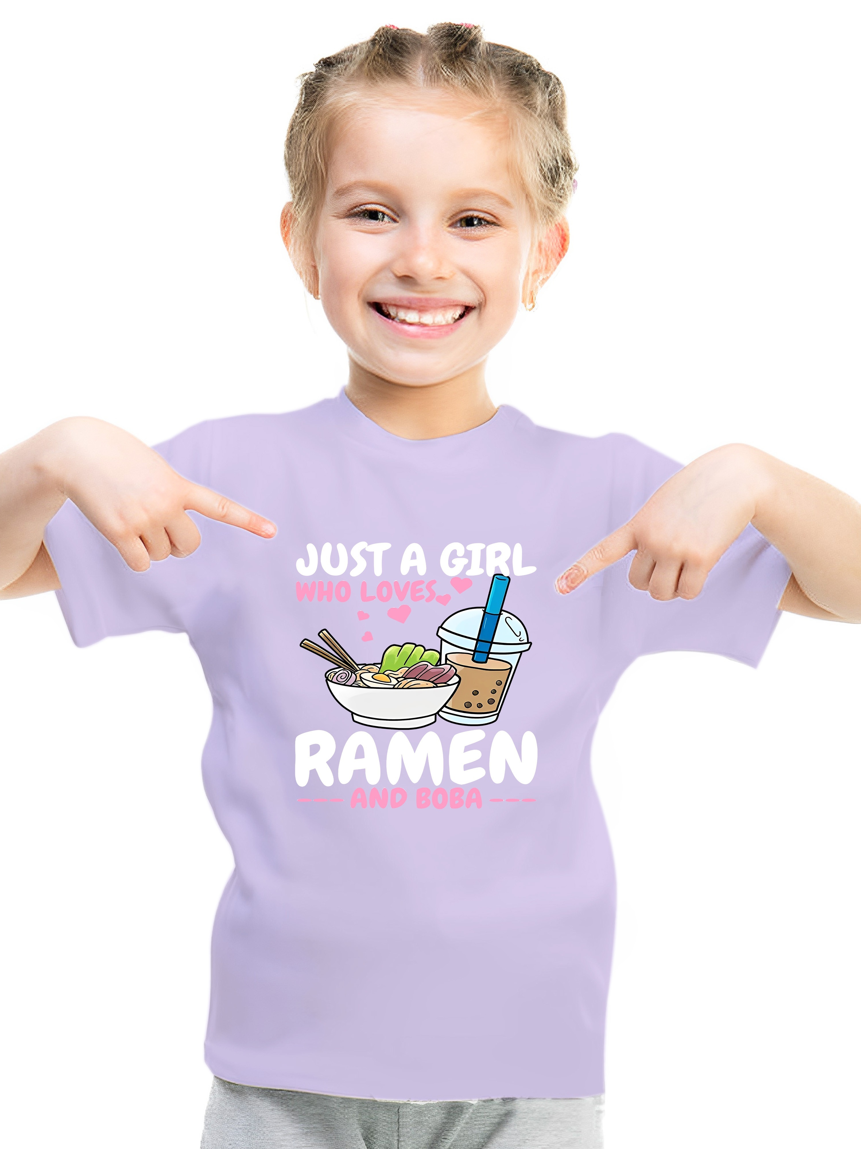 just a girl who loves ramen boba graphic print girls casual comfy crew neck short sleeve tee for spring summer girls clothes for outdoor activities details 6