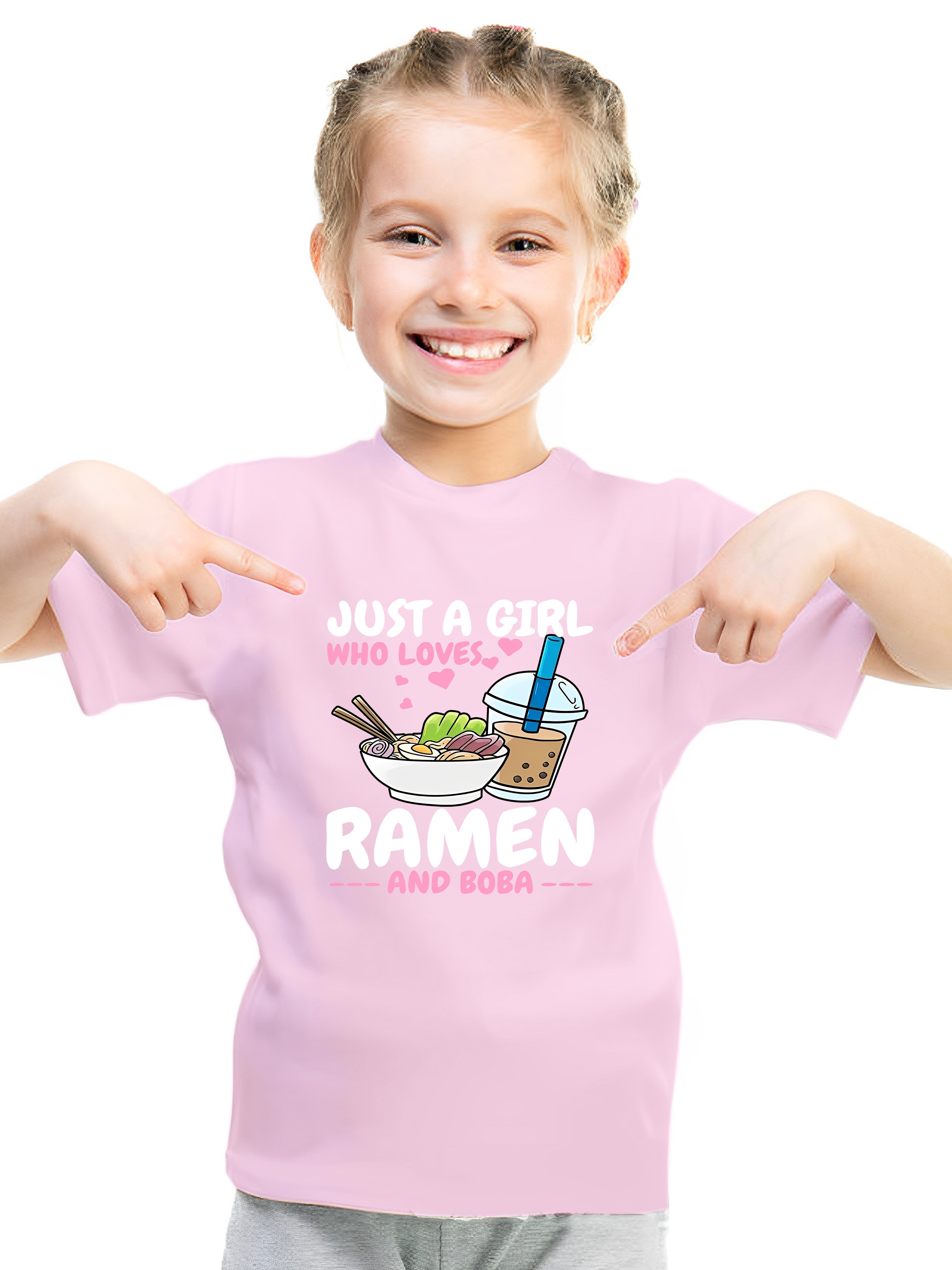 just a girl who loves ramen boba graphic print girls casual comfy crew neck short sleeve tee for spring summer girls clothes for outdoor activities details 12