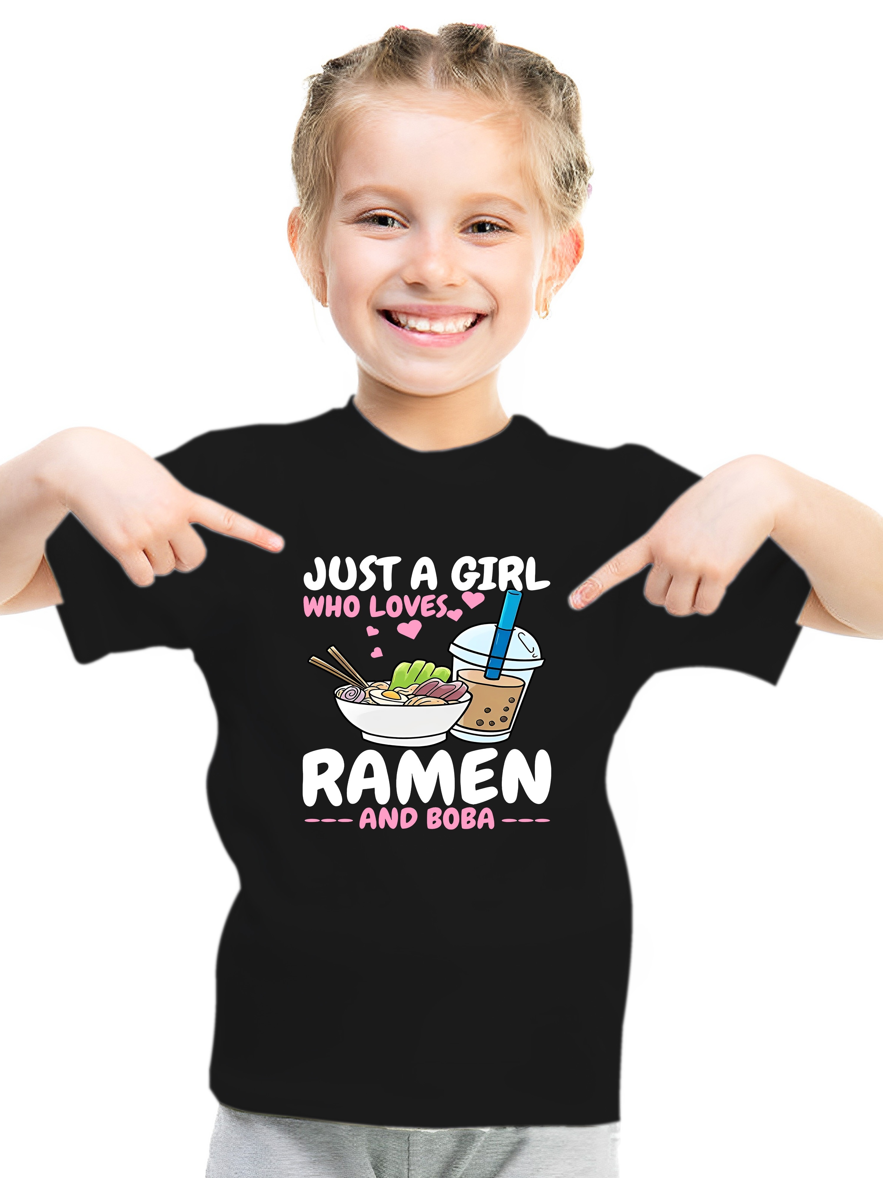 just a girl who loves ramen boba graphic print girls casual comfy crew neck short sleeve tee for spring summer girls clothes for outdoor activities details 21